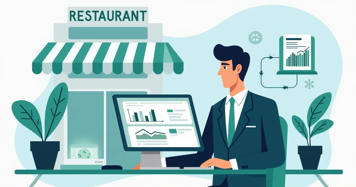 Ilustração corporativa mostrando contador usando computador com gráficos financeiros e restaurante ao fundo com ícones de tecnologia e documentos fiscais
