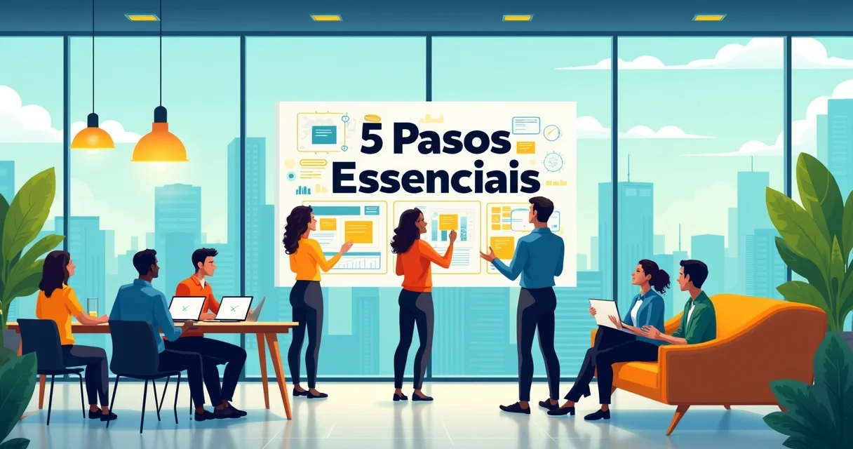 Ilustração de um ambiente de escritório moderno com funcionários colaborando na transformação da cultura corporativa.