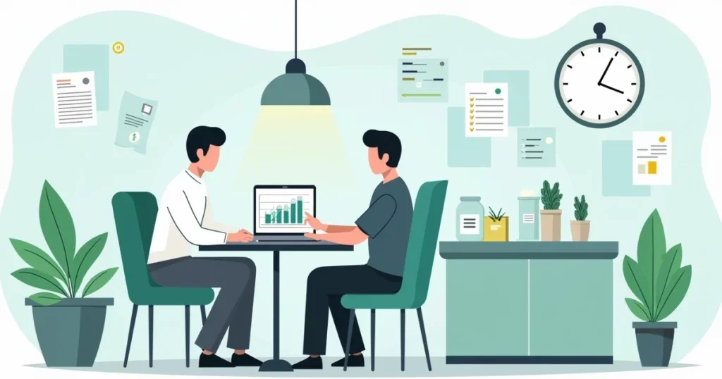 Ilustração corporativa mostrando dono de restaurante analisando fluxo de caixa em notebook com gráficos e planilhas ao redor